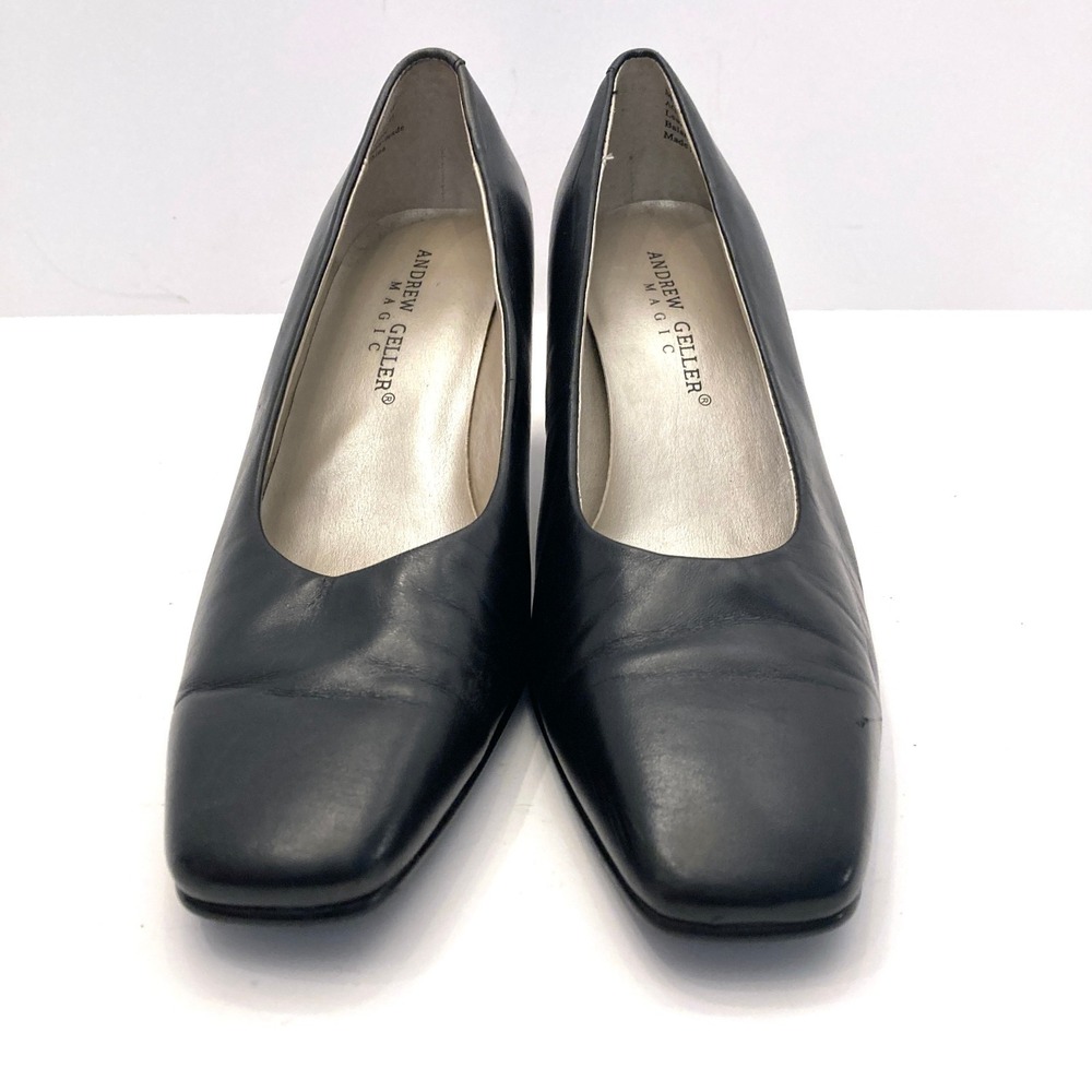 Vtg Andrew Geller Magic Maestro Heels Pumps Womens 7 Black Leather Square Toe - Picture 8 of 9
